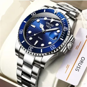 Men's waterproof quartz dive watch with blue sunray dial and silver stainless steel strap