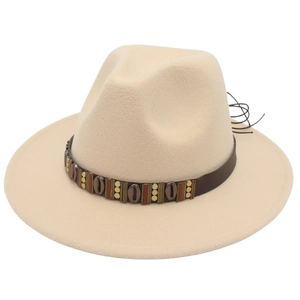 Beige wool fedora hat with ethnic leather band and vintage metal shell accents