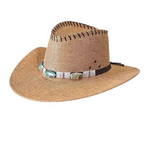 Classic beige woven straw cowboy hat with vintage leather band and decorative stones