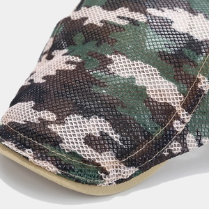Detailed macro view of camo mesh beret featuring breathable double-layer fabric texture