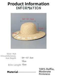 Detailed size chart for Raffia straw hat showing 10cm brim and daisy flower embroidery