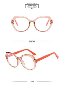 Front and side view of geometric TR90 champagne transparent frames with orange temples