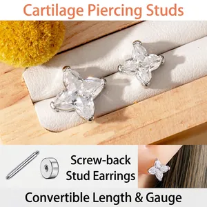 Star Cut Cubic Zirconia Titanium Steel Ear Cartilage Studs With Screw Flat Back Minimalist Piercing Jewelry For Women