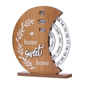 Creative wooden moon-shaped perpetual calendar desk decor with manual rotating rings