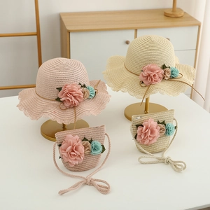 Kids straw sun hat and matching floral crossbody bag set in pink and beige colors