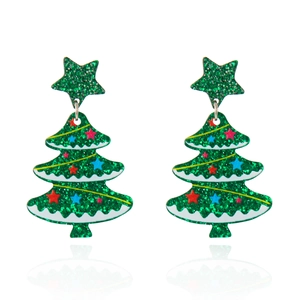 Detail shot of green glitter Christmas tree earrings with white snow and star accents