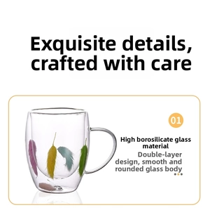 Detail of double-walled borosilicate glass mug with colorful feathers and smooth handle