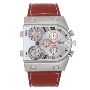 Montre à quartz robuste pour hommes avec grand cadran et bracelet en cuir marron vintage