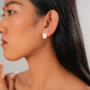 Elegant gold square stud earrings with white inlay and pearl-like finish for women