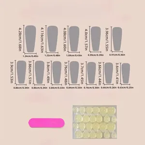 Detailed size chart for long coffin press-on nails showing measurements in cm and inches
