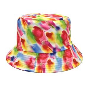 Detail of colorful watercolor tie-dye sun hat showing stitching and premium fabric texture