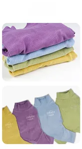 Detail of ribbed knit pet turtleneck sweaters with Infinite Love embroidery in four colors