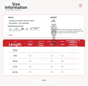 Detailed size chart for women's seamless yoga jacket featuring nylon and spandex blend fabric