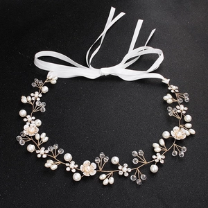 Bandeau à fleurs en fil doré avec perles blanches et cristaux pour demoiselles d'honneur