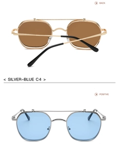 Front and back views of metal frame flip-up sunglasses in gold-tea and silver-blue
