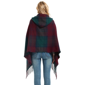 Plaid hooded cloak with tassel trim in red and green checks, back view for women