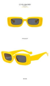 Front and side views of rectangular yellow frame sunglasses with grey lenses