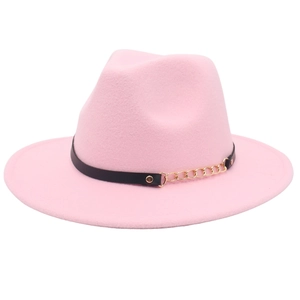 Detail of pink wide brim wool fedora hat with black leather strap and gold chain