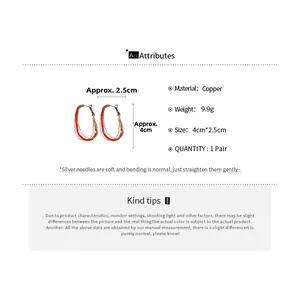 Detail specifications of layered oval copper earrings with silver needles and red enamel