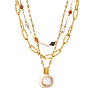 Three-layer gold titanium necklace with white shell pendant and layered bead chains