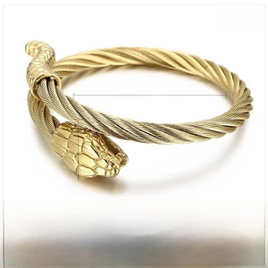 Detailed macro view of a gold-toned stainless steel snake head wire rope bracelet