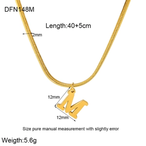 Detail view of 18K gold plated M letter pendant with snake bone chain dimensions and weight
