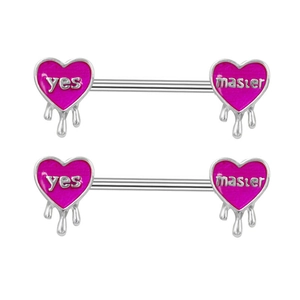Piercing capezzolo a cuore con incisione 'Yes Master' e ciondoli a goccia magenta