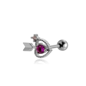 Detail view of silver heart arrow stud earring with pink gemstones and screw back closure