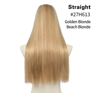 Detailed back view of long straight U-part hair extensions in Golden and Beach Blonde mix