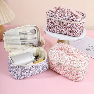 Floral Print Makeup Bag Large Capacity Cotton Fabric Portable Handle Zippered Travel Toiletry Organizer For Women