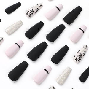 Matte black and pink coffin press-on nails with silver glitter and leaf patterns