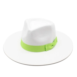 Detail of white wool felt jazz hat featuring a vibrant neon green ribbon and flat bow