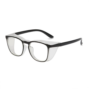 Protective safety glasses with black full-frame design and transparent side shields