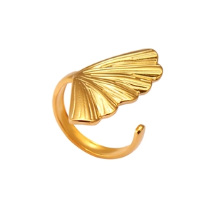Detailed macro view of the golden ginkgo leaf open ring with brushed metal texture