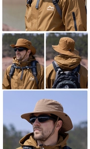Detail of dark brown waterproof sun hat with adjustable chin strap and adventure logo