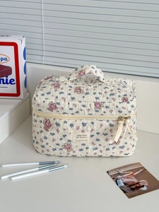 Quilted floral bear makeup bag with large capacity and ribbon zipper handle for travel