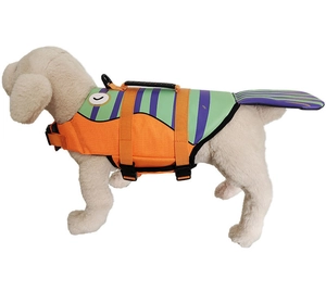 Detail of dog life jacket featuring a fish tail design and safety handle for swimming