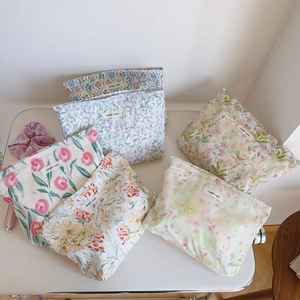 Trousse De Maquillage En Coton Imprimé Floral Jardin Français Frais Femmes Grande Capacité Pochette Cosmétique En Toile Fermeture Éclair