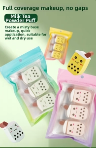 Three creative milk tea cup shaped makeup sponges in pink yellow and green colors