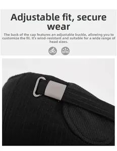 Detail of winter baseball cap showing adjustable metal buckle and textured warm fabric
