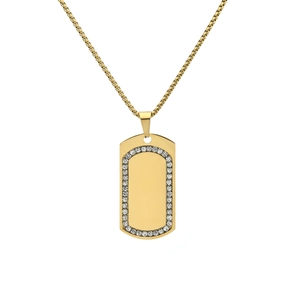 Men's fashion gold titanium steel dog tag pendant necklace with crystal diamonds and plain finish