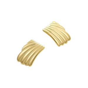 Elegant gold pleated square earrings with shell-inspired fan texture in stainless steel