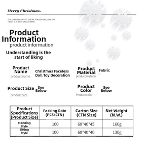 Detailed size and weight chart for striped Christmas gnome plush dolls in fabric material
