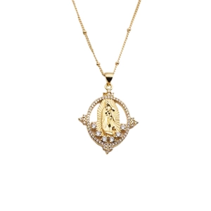 Detailed view of gold plated Virgin Mary pendant necklace with clear zircon stones