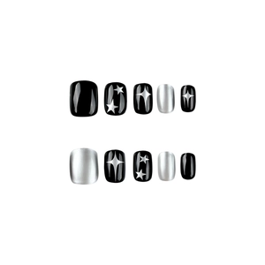 Y2K style short square press-on nails with black and silver star patterns in 10pcs set