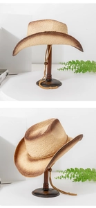 Detail of a gradient straw cowboy hat featuring an adjustable woven windproof chin strap