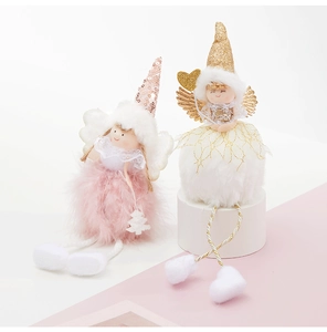 Detailed view of plush angel ornaments with soft feathers and glittery hats for Christmas
