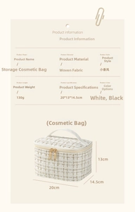 Detail view of white tweed makeup bag with golden threads and dual metal zippers