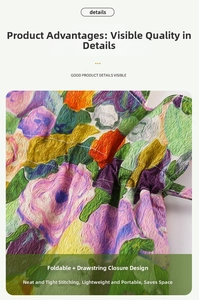 Detalle de bolsa de lona floral con costuras cuidadas y cierre de cordón ajustable