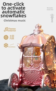 Detail of pink carriage music box with snow feature and intricate internal scenery